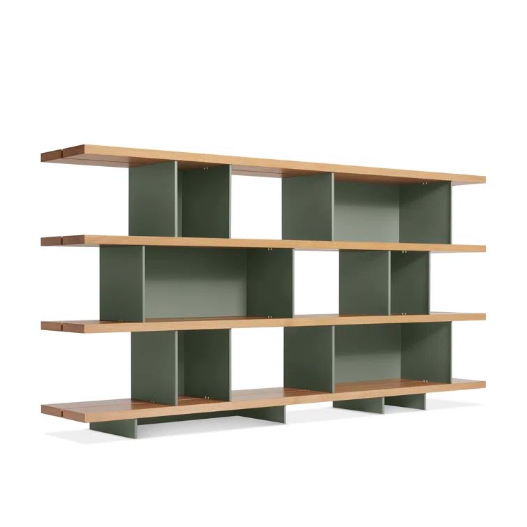 Asymmetrical White Oak and Grey Green Geometric Bookcase