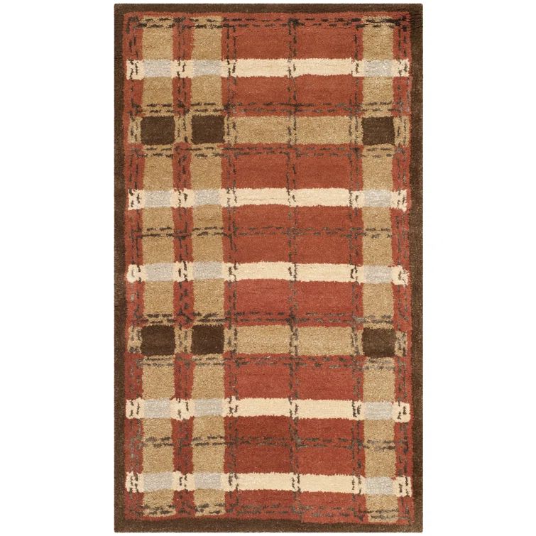 Handmade Red and Beige Wool Viscose Plaid Rug