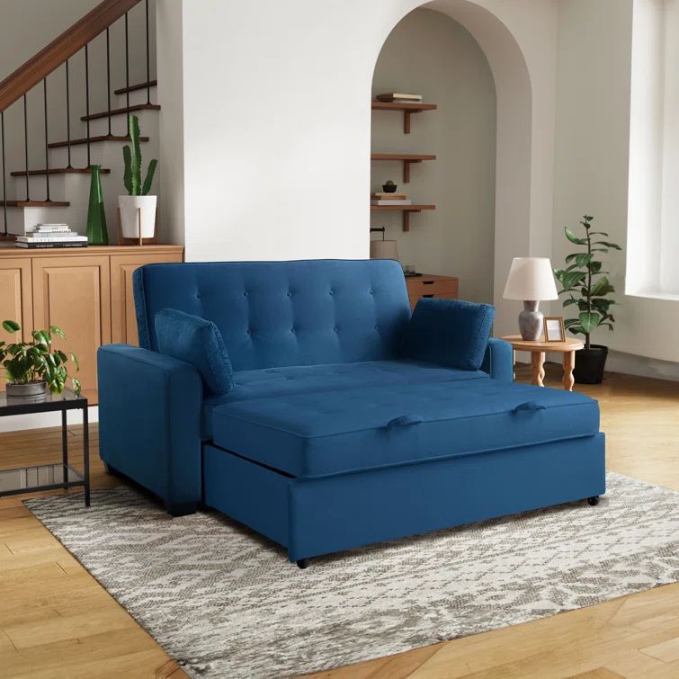 Navy Blue Tufted Queen Size Convertible Sofa with Wood Frame