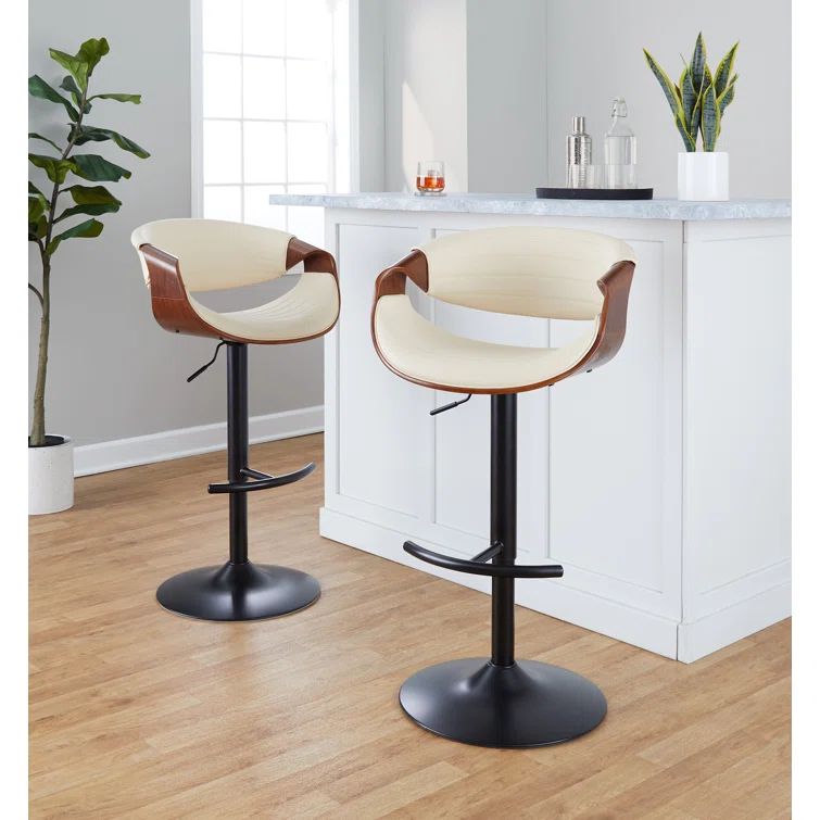 Symphony Adjustable Swivel Barstool Set with Walnut Wood and Cream Upholstery