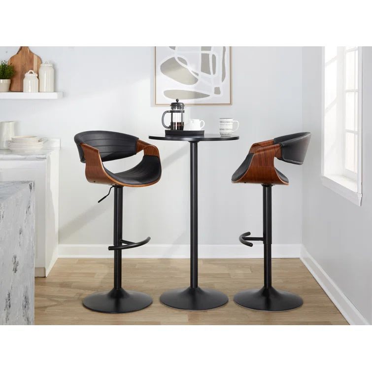 Symphony Adjustable Black Leather and Walnut Wood Swivel Barstool