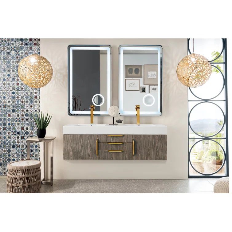 Ash Gray 59" Double Wall-Mount Vanity with Glossy White Top