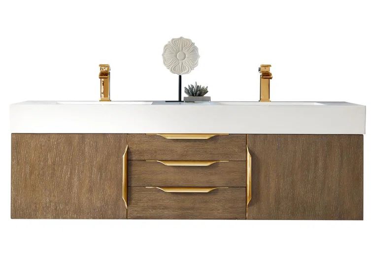 Latte Oak 59" Double Wall-Mount Vanity with Gold Accents