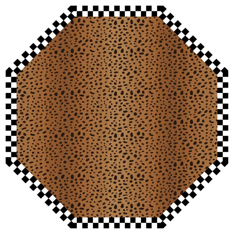 Handmade Tufted Black Wool Round Cheetah Rug with Checked Border