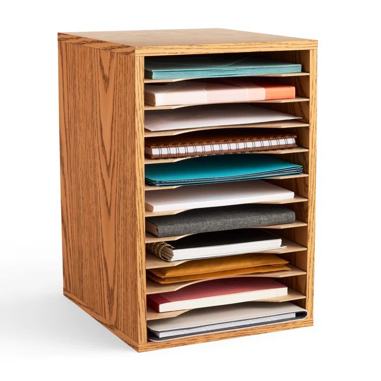 Oak Vertical Desktop Organizer with 11 Compartments