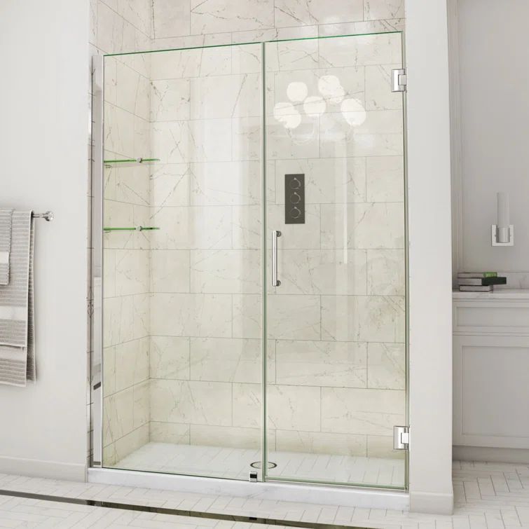 Unidoor Frameless Hinged Shower Door with Clear Glass and Shelves