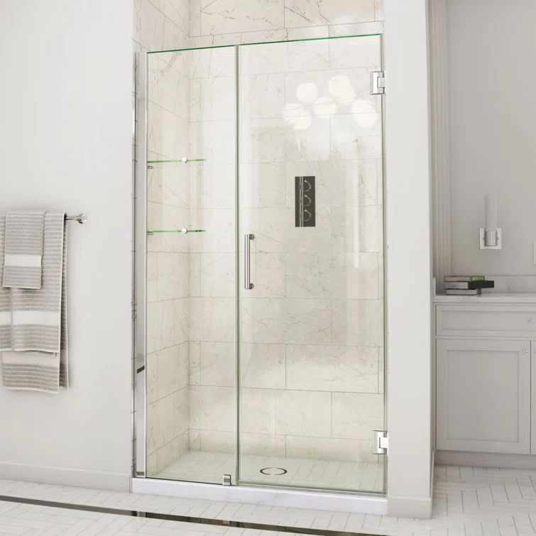 Unidoor Frameless Hinged Shower Door with Clear Glass and Black Hardware