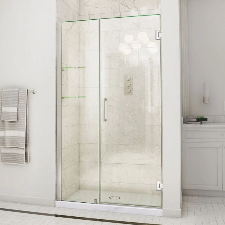 Unidoor 49" Black Frameless Hinged Shower Door with Clear Glass