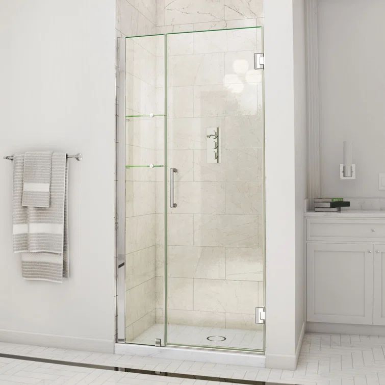 Unidoor Frameless Hinged Clear Glass Shower Door with Black Hardware