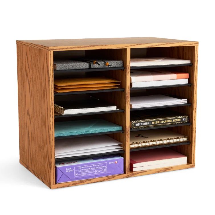 Medium Oak Adjustable Wood Literature Organizer with 12 Compartments