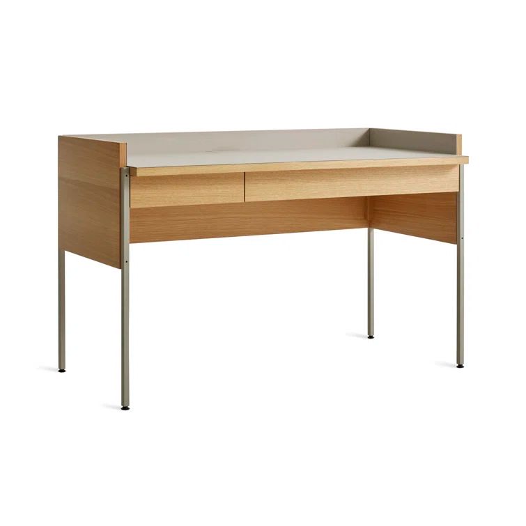 Elegant Putty and White Oak Desk with Expansive Tabletop and Drawer