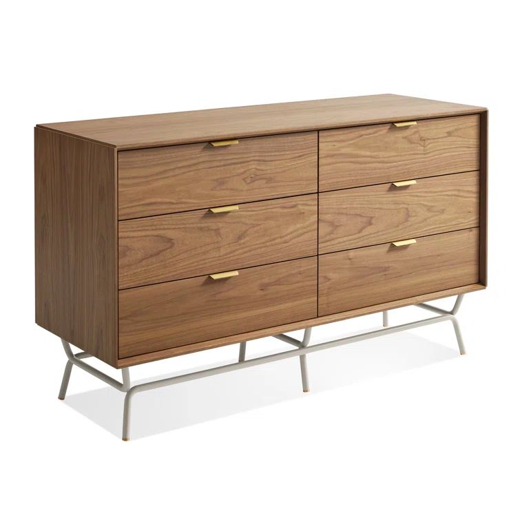 Walnut and Putty Gray Metal-Wood 6 Drawer Dresser with Soft Close