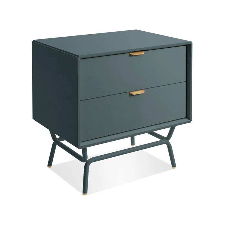 Marine Blue Wood 2 Drawer Nightstand with Brass Pulls