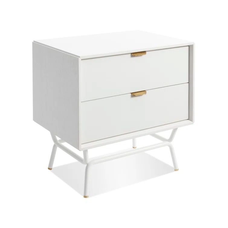 White Wood 2-Drawer Nightstand with Brass Pulls