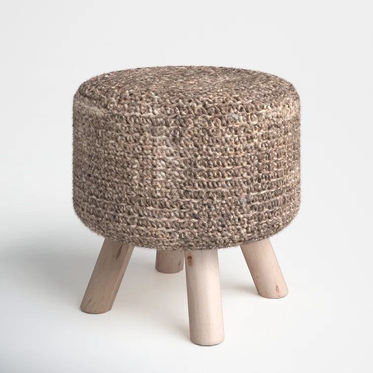 Taupe Wool Handwoven Pouf with Wooden Legs