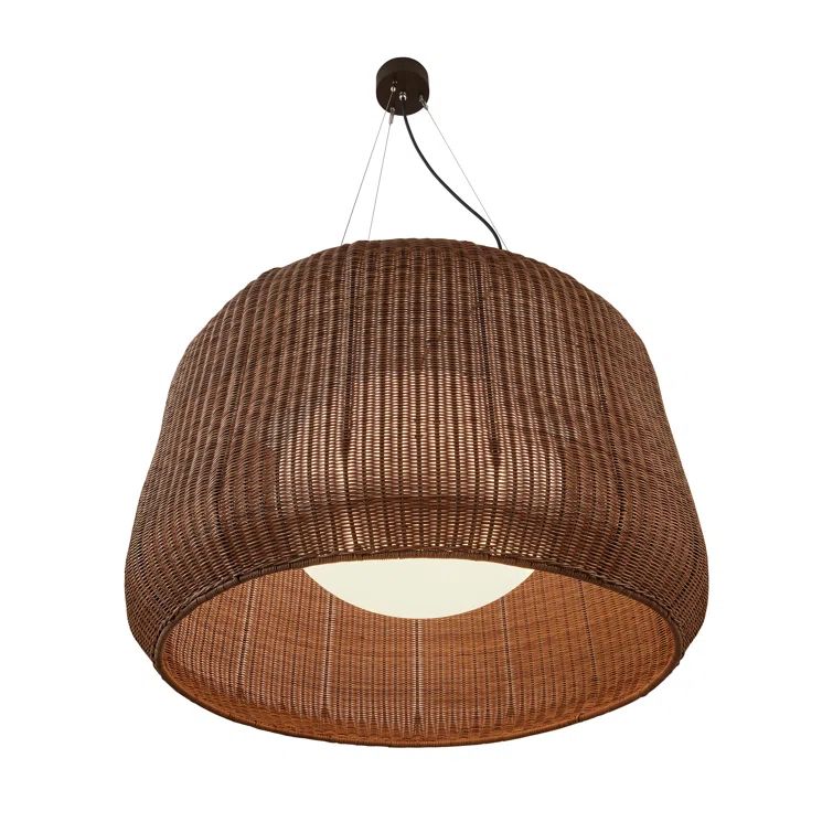 Graphite Brown LED Indoor/Outdoor Drum Pendant Light with Rattan Shade