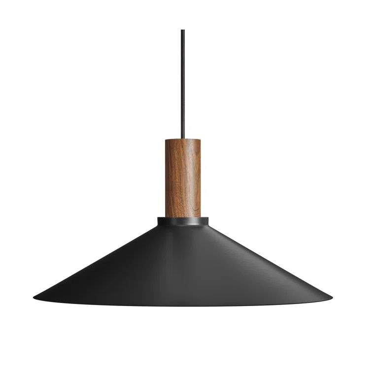 Walnut Stem 9'' H Black Steel Shade Single Pendant Light