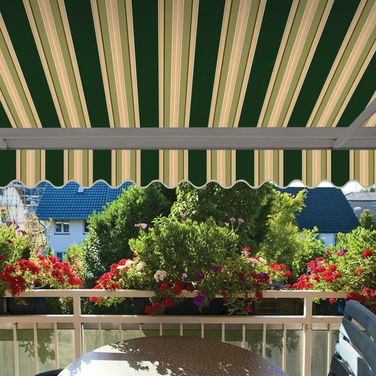 Forest Green and Beige Striped Motorized Retractable Patio Awning
