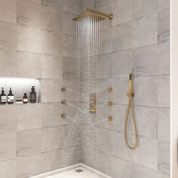 Brushed Gold Wall Mounted Thermostatic Shower System with Body Jets
