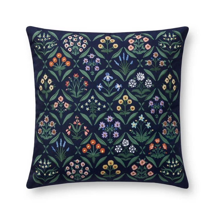 Navy and Multicolor Embroidered Floral Accent Pillow