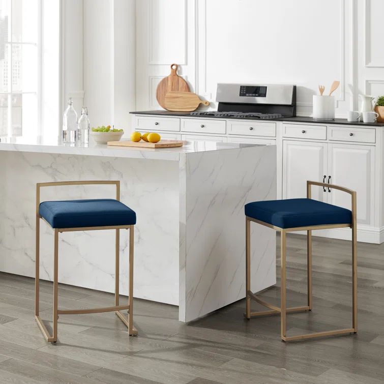 Navy Velvet Upholstered Counter Stools with Gold Metal Frame, Set of 2