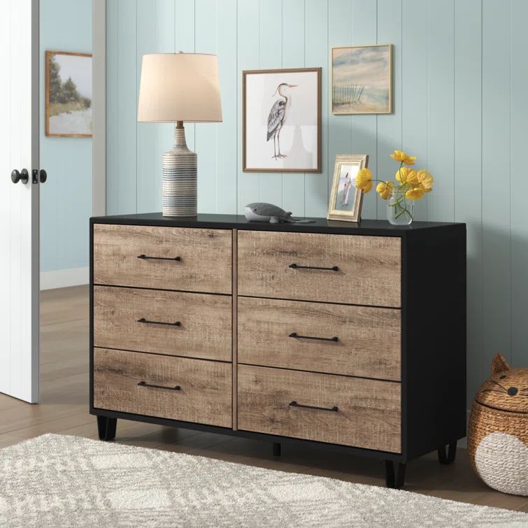Weathered Oak and Matte Black Farmhouse Double Dresser