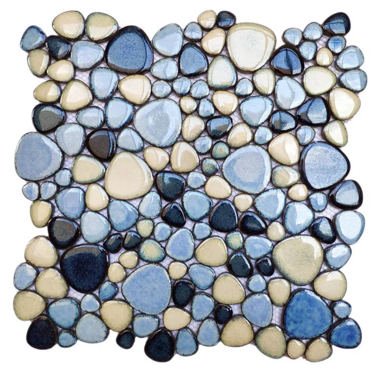 Blue and Beige Glazed Porcelain Pebble Mosaic Tile