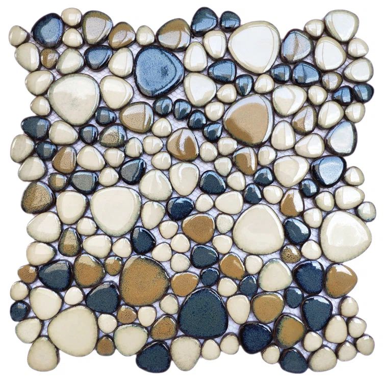 Brown and Dark Blue Porcelain Pebble Mosaic Tile Set