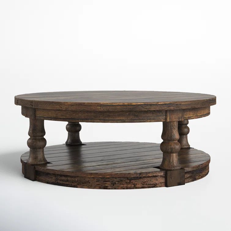 Pastoral Charm Round Oak Coffee Table with Button-Tufted Beige Linen Top