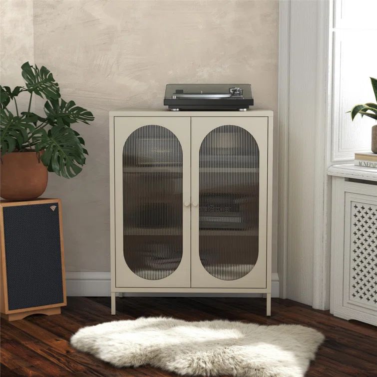 Parchment Metal Accent Cabinet with Fluted Glass Doors