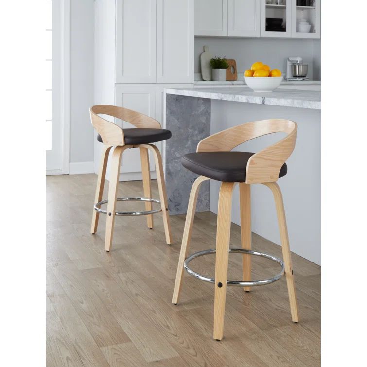 Natural Brown Chrome Swivel Wood and Leather Counter Stool