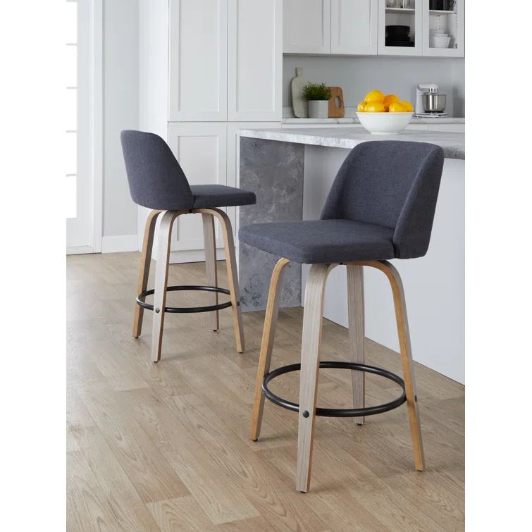 Blue Upholstered Swivel Counter Stool with Wood Legs