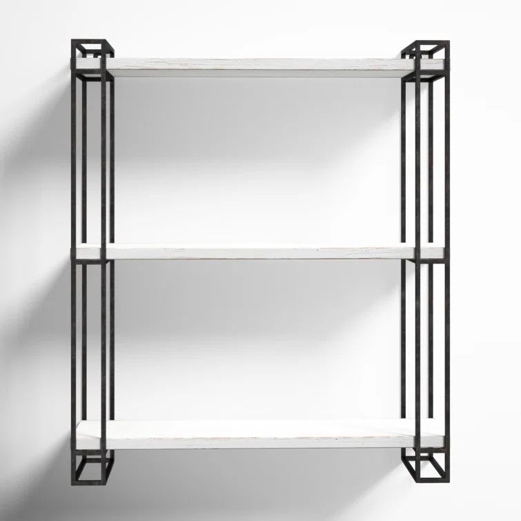 Rustic Coastal Black Metal and Wood Floating Wall Shelf
