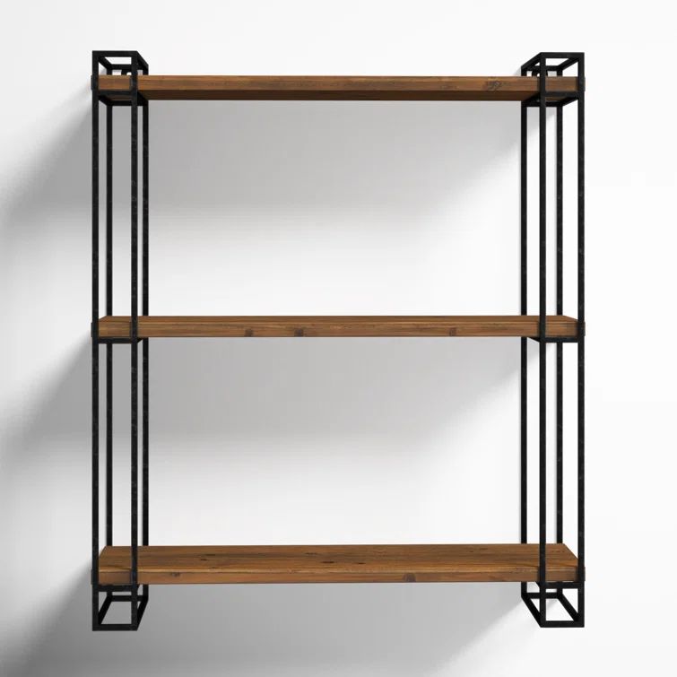 Rustic Black Metal and Wood 26''x30.5'' Floating Wall Shelf