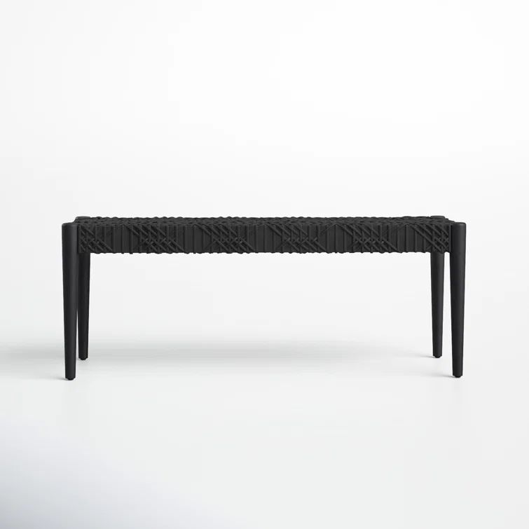 Alpine Elegance Black Cowhide Leather and Teak Bench, 47"