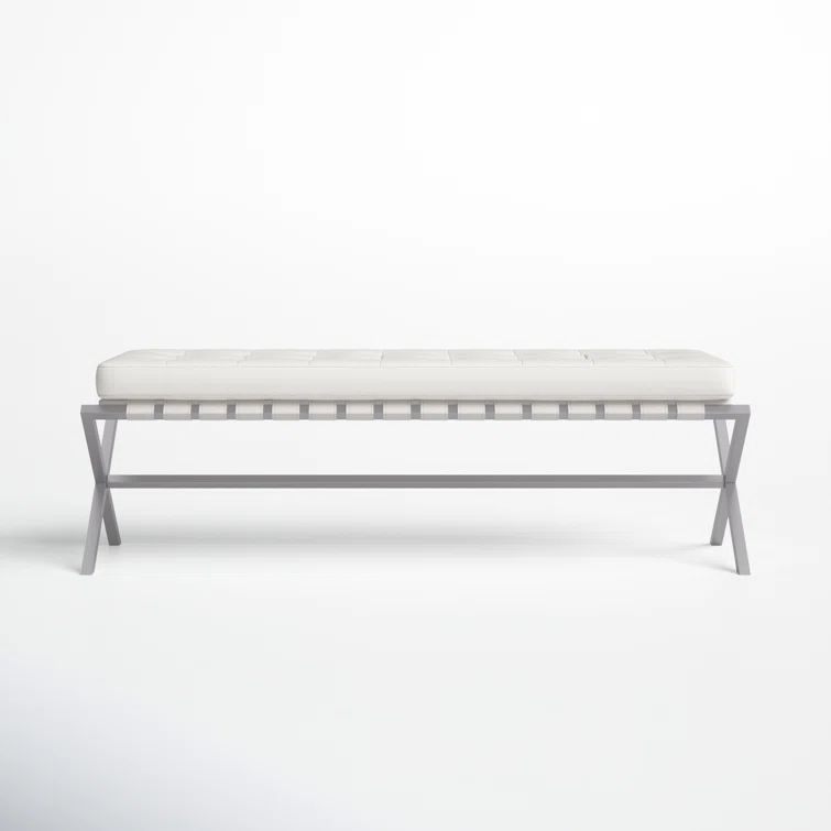 Elegant Auguste X-Frame Tufted Bench in White Naugahyde and Brushed Silver