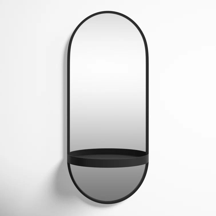 Estero 16" x 38" Black Metal Oval Wall Mirror with Shelf