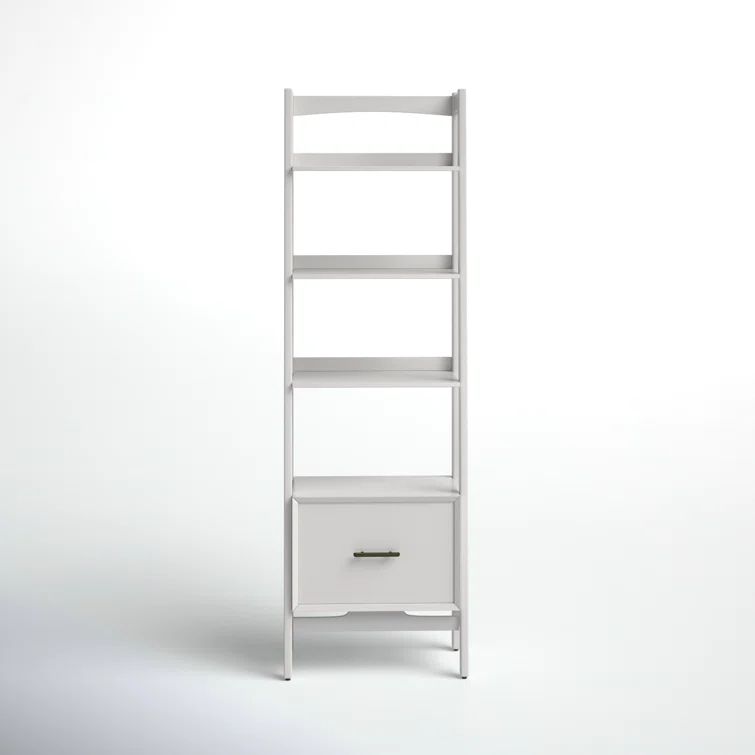 Mid-Century Modern White Wood Ladder Bookcase with Drawer