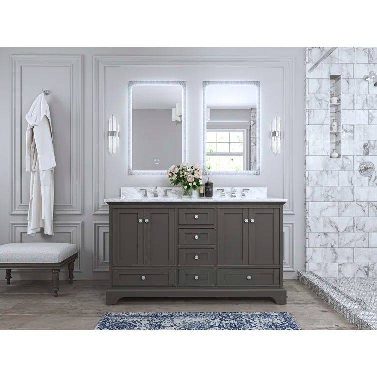 Sapphire Gray Solid Wood Double Vanity with Carrara Marble Top