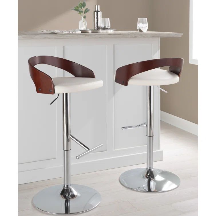 White Faux Leather Adjustable Swivel Barstool with Wood Backrest