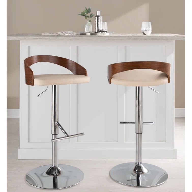Walnut and Chrome Adjustable Swivel Barstools with Beige Upholstery