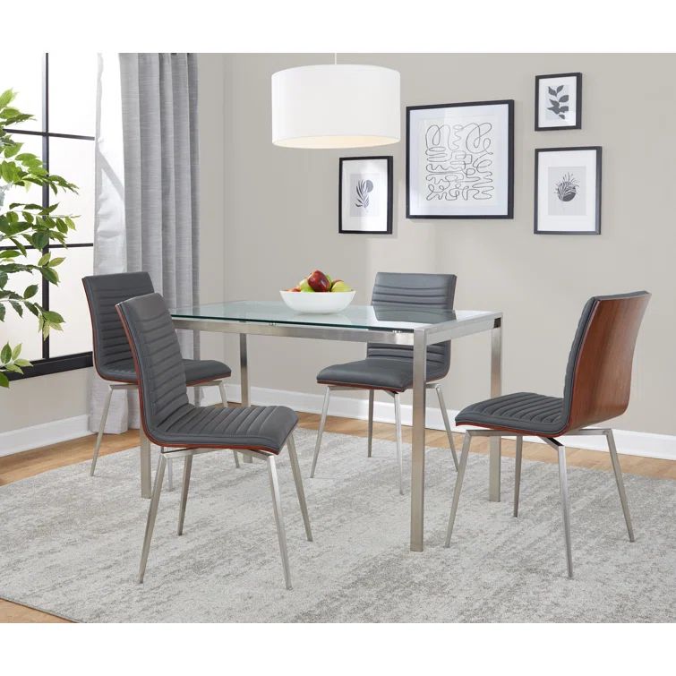 Silver and Clear Glass Top Dining Set with Gray Faux Leather Chairs