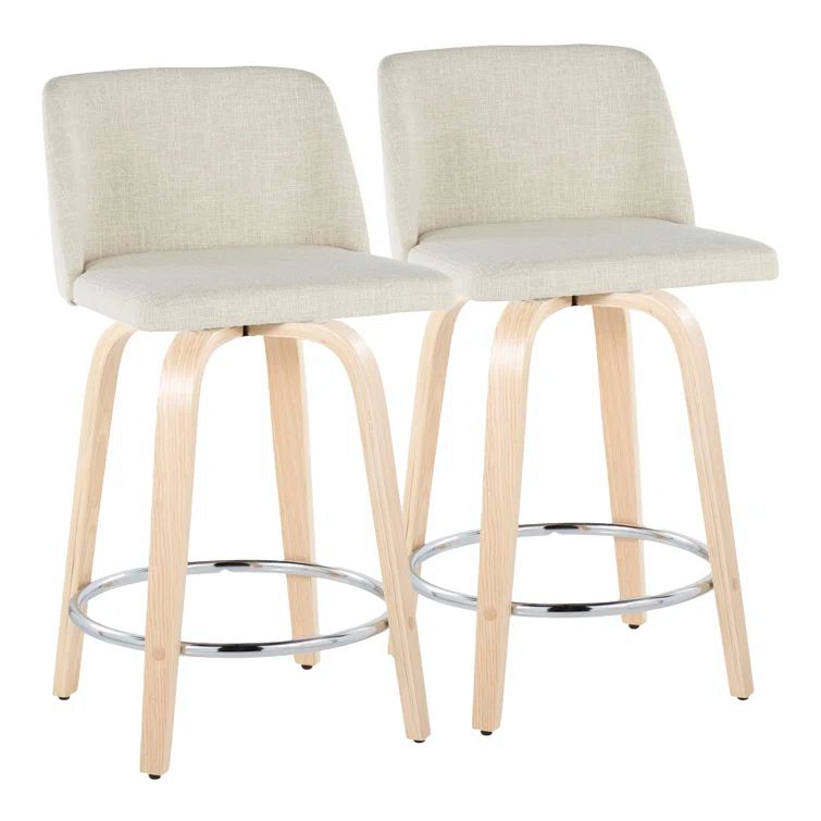 Cream Upholstered Swivel Counter Stool with Natural Wood Legs
