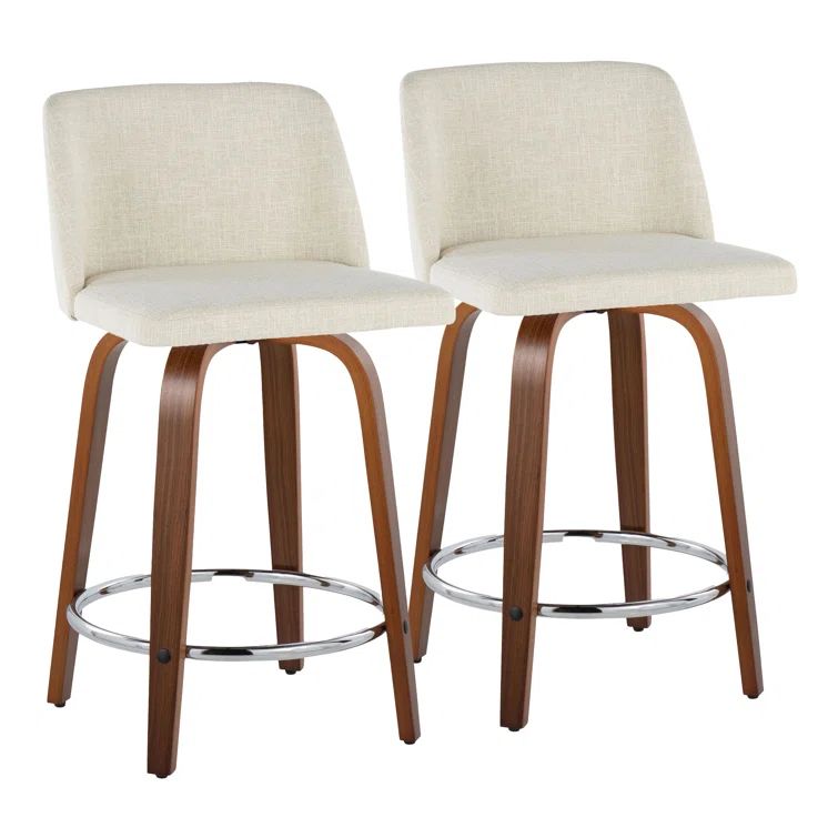Cream Fabric Walnut Wood Swivel Counter Stools, Set of 2
