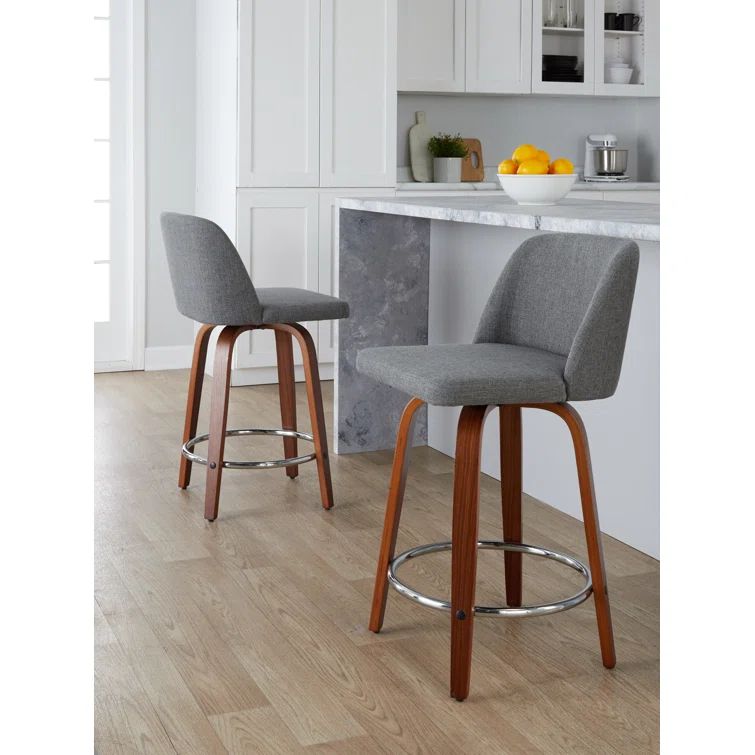 Walnut Wood and Gray Fabric Swivel Counter Stool with Chrome Base