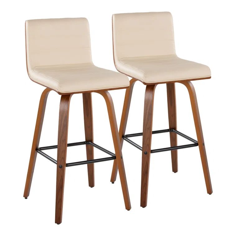 Cream Upholstered Swivel Bar Stools with Walnut Wood