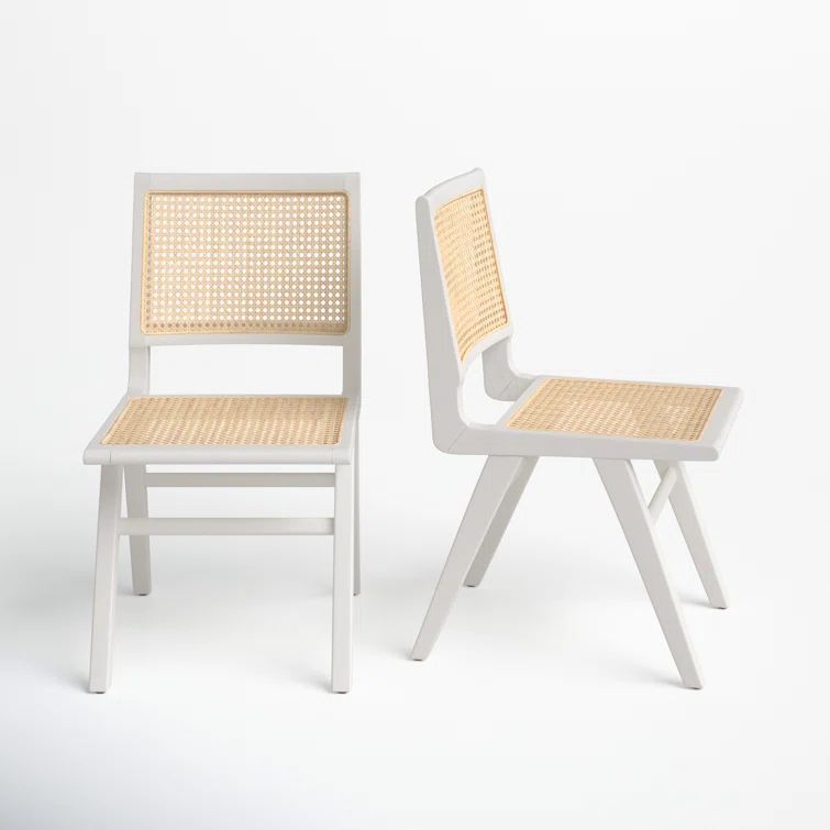 Elegant Coastal White Wood & Natural Cane Side Chair