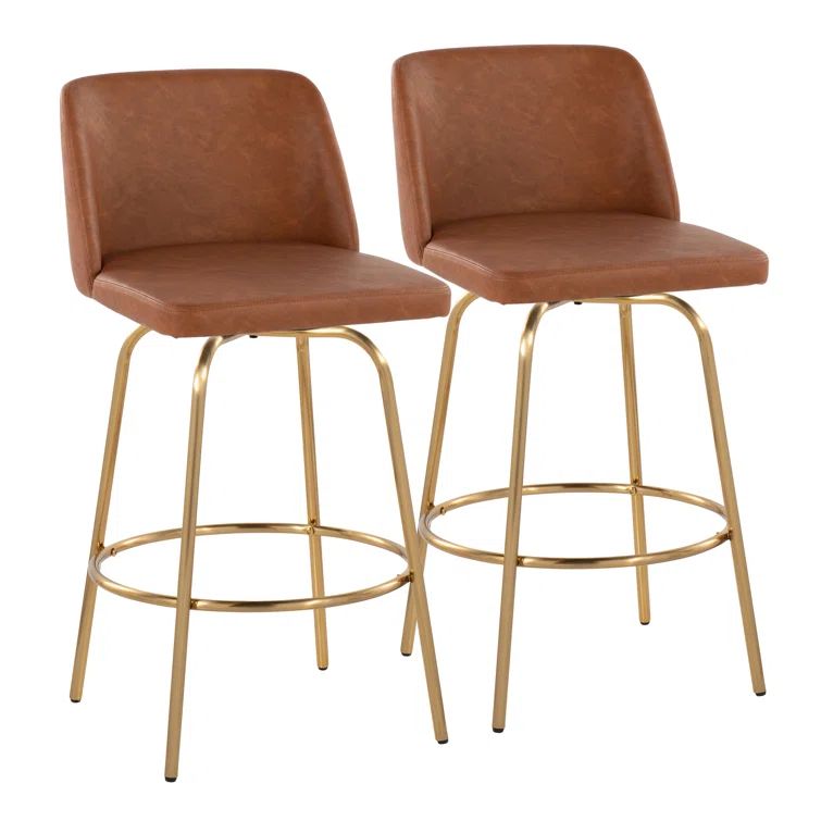 Camel Faux Leather and Gold Metal Swivel Counter Stool Set