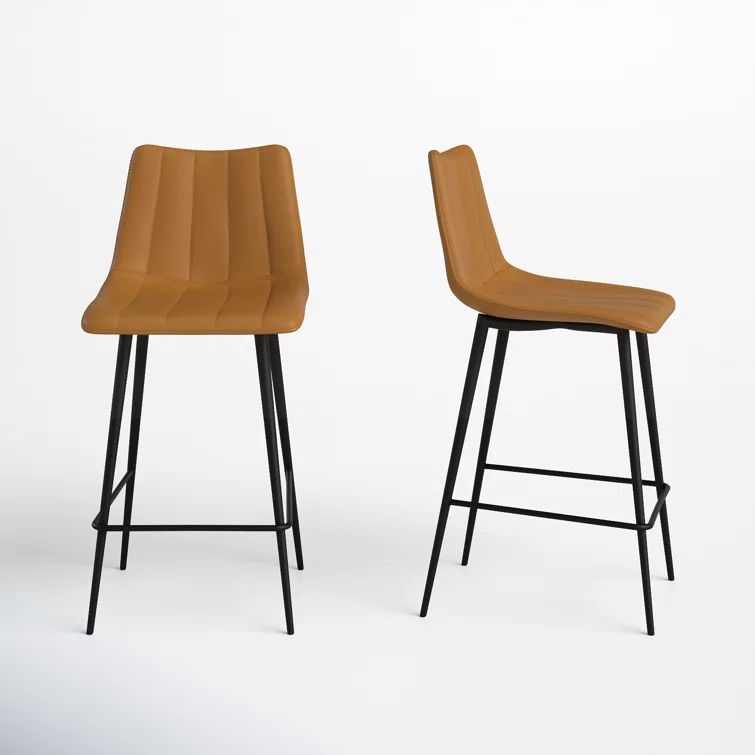 Brown Faux Leather Low Back Counter Stools with Steel Frame, Set of 2