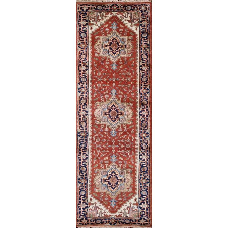Hand-Knotted Wool Oriental Rug in Rust and Navy